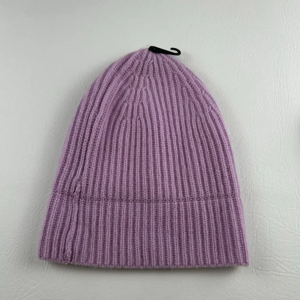 100% Cashmere Violet Ribbed Knit Beanie Cuffed Winter Hat Women’s